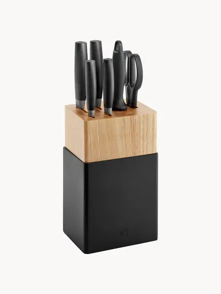 Set ceppo e coltelli in legno di albero della gomma Now 7 pz, Legno chiaro, nero, argentato, Set in varie misure