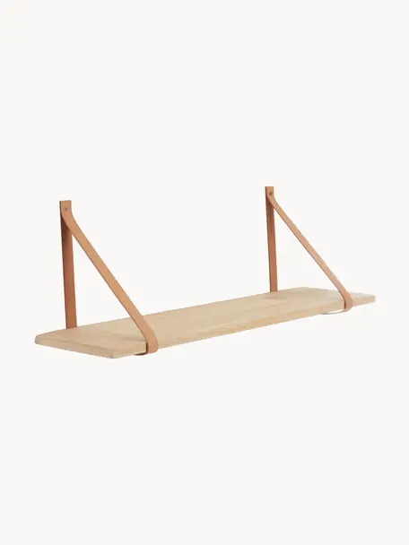 Wandplank Forno met leren riemen, naturel, Plank: rubberhout, naturel, Riemen: leer, Rubberhout, beige, B 80 x D 20 cm