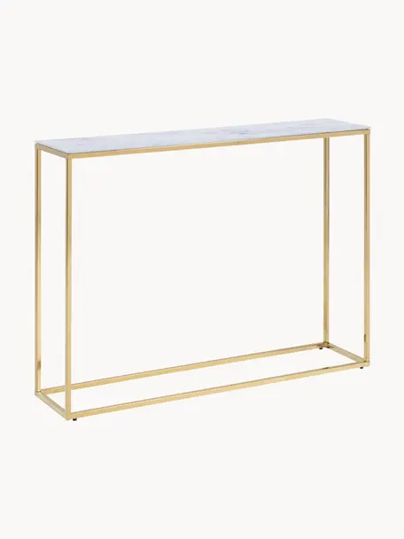 Consola de recibidor Aruba, tablero de vidrio aspecto mármol, Tablero: vidrio laminado, metal, e, Estructura: metal con pintura en polv, Aspecto mármol blanco, dorado, An 110 x Al 81 cm