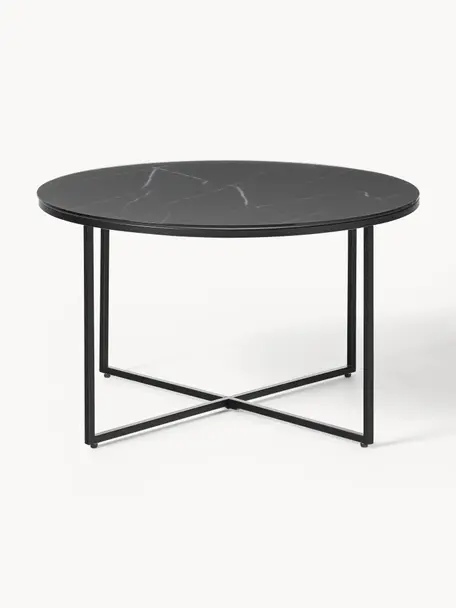 Tavolino rotondo da salotto con piano in vetro effetto marmo Antigua, Struttura: acciaio verniciato a polv, Nero effetto marmo, nero opaco, Ø 80 cm