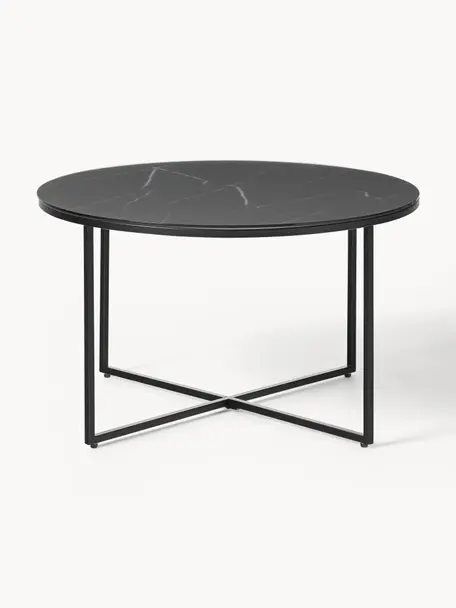 Runder Couchtisch Antigua mit Glasplatte in Marmor-Optik, Tischplatte: Glas, matt bedruckt, Gestell: Stahl, pulverbeschichtet, Marmor-Optik Schwarz, Schwarz matt, Ø 80 cm