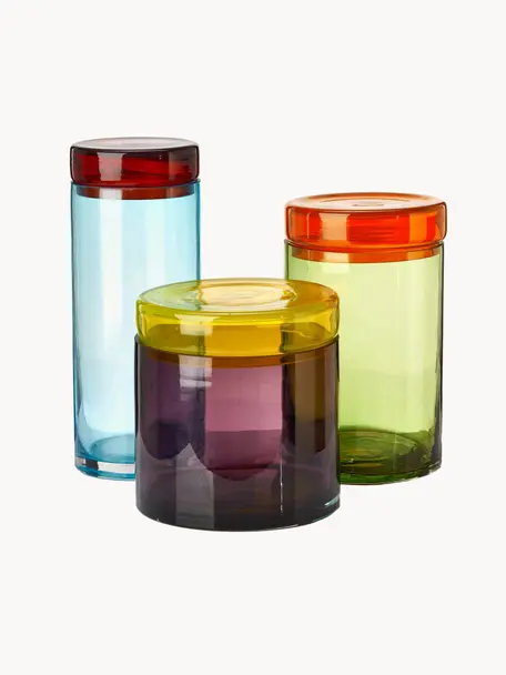 Mundgeblasene Aufbewahrungsdosen Multi, 3er-Set, Glas, mundgeblasen, Bunt, Set mit verschiedenen Größen