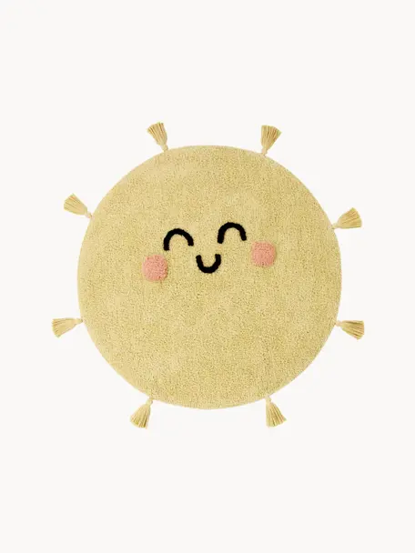 Handgewebter Kinderteppich You're My Sunshine mit Quasten, Flor: 97 % Baumwolle, 3 % Kunst, Senfgelb, Ø 100 cm (Größe S)