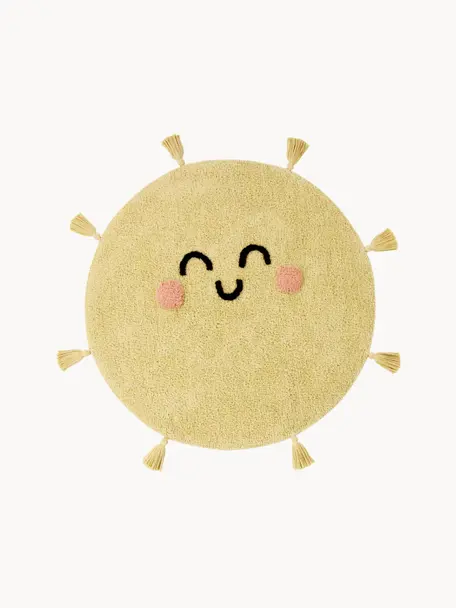 Tappeto per bambini tessuto a mano con nappe You're My Sunshine, lavabile, Retro: 100% poliestere, Giallo senape, Ø 100 cm (taglia S)