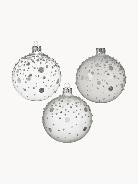 Mundgeblasenes Weihnachtskugel-Set Dotty, 6 Stück, Glas, Weiß, Silberfarben, Ø 8 cm