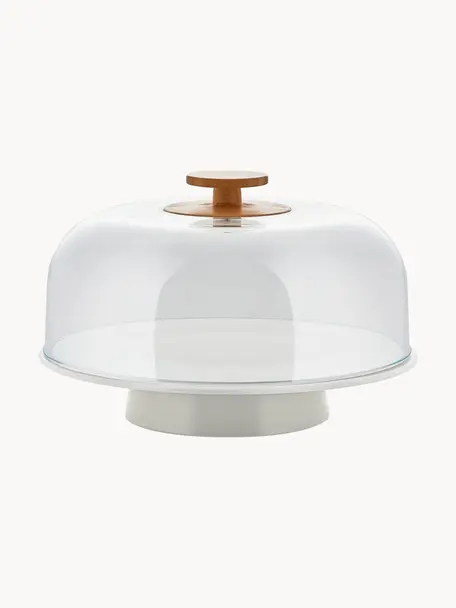 Fuente campana de porcelana Mattina, Asa: madera de bambú, Greige, blanco, transparente, Ø 32 x Al 22 cm