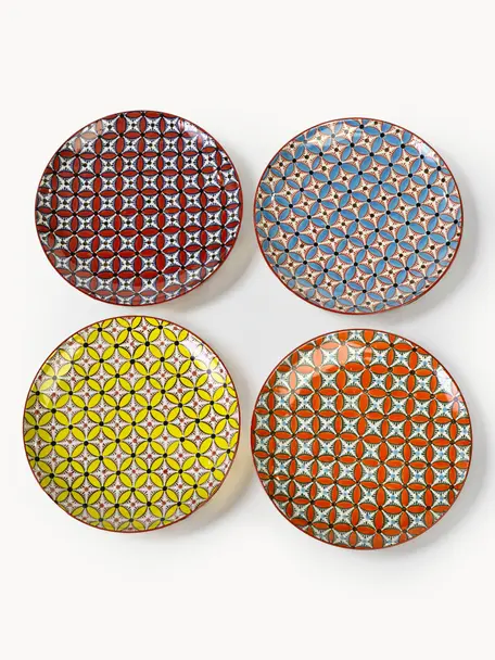 Assiettes plates peintes à la main Hippy, 4 élém., Céramique, émaillée, Jaune, terracotta, orange, bleu ciel, Ø 27 cm