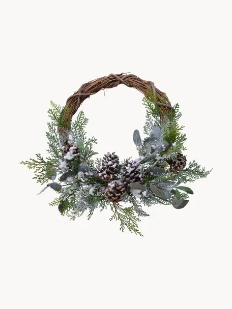 Vánoční věnec Lavinia, Ø 40 cm, Umělá hmota, šišky, eukalyptus, Zelená, hnědá, bílá, Ø 40 cm, V 15 cm