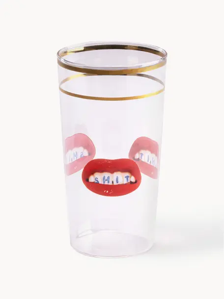 Bicchiere di design Lips, Labbra rosse con iscrizione, Ø 7 x Alt. 13 cm, 375 ml