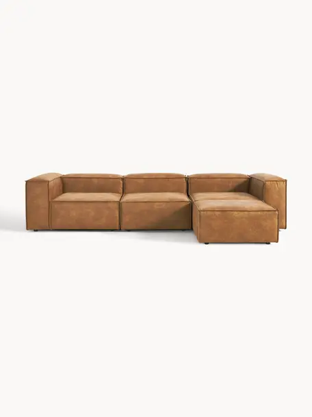 Sofa modułowa ze skóry z recyklingu z pufem Lennon (4-osobowa), Tapicerka: skóra z recyklingu (70% s, Stelaż: lite drewno, sklejka, Nogi: tworzywo sztuczne Ten pro, Brązowa skóra, S 327 x G 207 cm