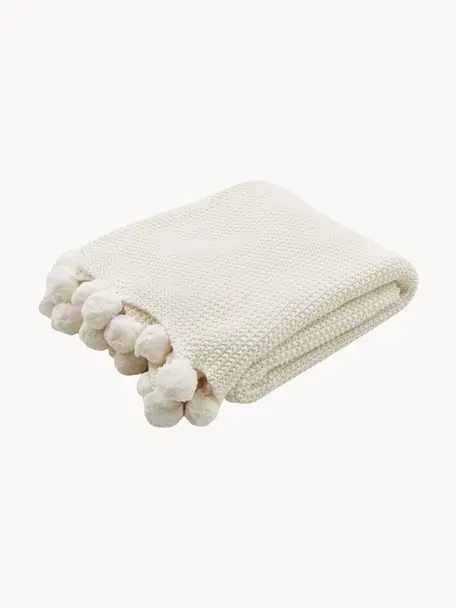 Coperta a maglia con pompon Molly, 100% cotone, Bianco crema, Larg. 130 x Lung. 170 cm