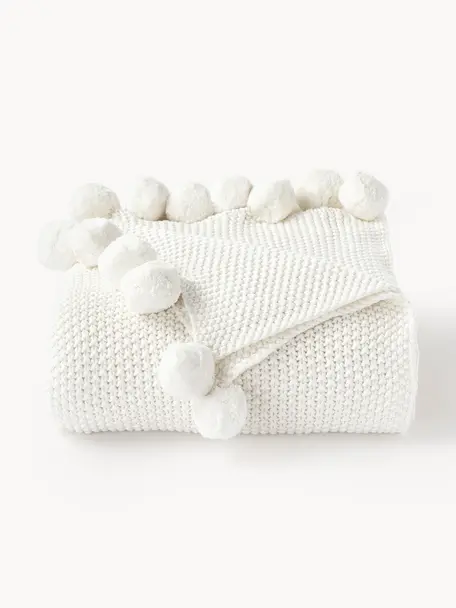 Coperta a maglia con pompon Molly, 100 % cotone, Bianco latte, Larg. 130 x Lung. 170 cm