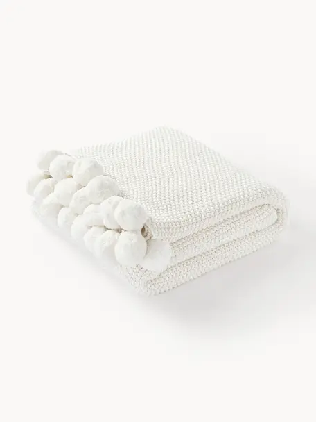 Manta de punto con pompones Mila, 100% algodón, Off White, An 130 x L 170 cm