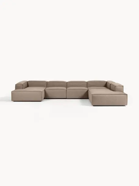 Canapé lounge modulable Lennon, Tissu taupe, larg. 418 x prof. 269 cm, méridienne à droite