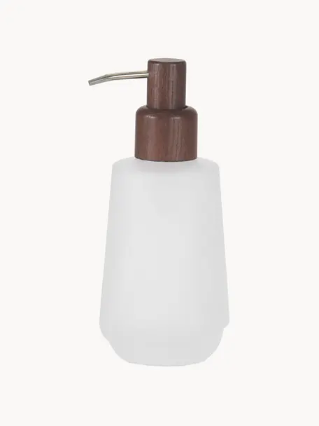 Dispenser sapone in vetro Ocean, Contenitore: vetro, Testa della pompa: legno d'acacia, Bianco, legno scuro, Ø 8 x Alt. 18 cm