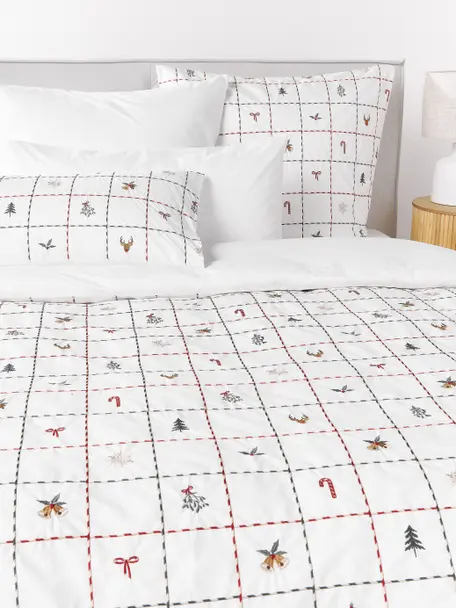 Housse de couette en percale de coton avec imprimé Noël brodé Rudy, Blanc, multicolore, larg. 200 x long. 200 cm