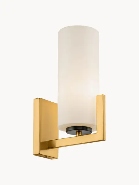 Wandlamp Fortano van glas, Lampenkap: glas, Frame: gecoat metaal, Wit, goudkleurig, D 19 x H 31 cm