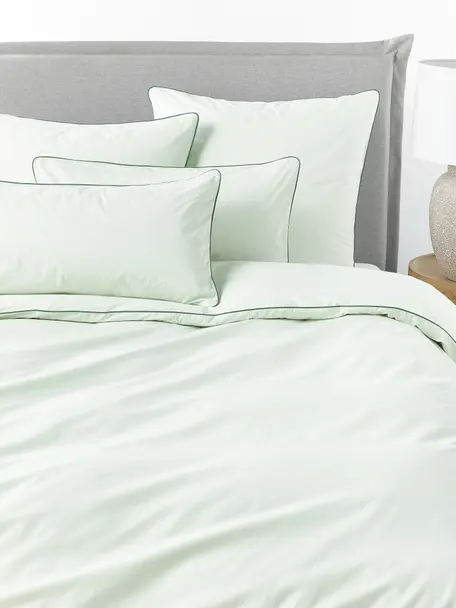 Housse de couette en percale de coton avec passepoil Daria, Vert sauge, vert, larg. 240 x long. 220 cm