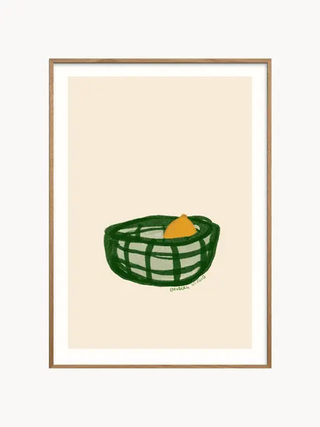 Poster A lemon in a basket, Beige clair, tons verts, jaune soleil, Ø 30 x haut. 40 cm