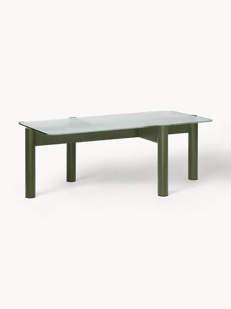 Tavolino da salotto in legno di faggio con piano in vetro Kob, Gambe: legno di faggio massiccio, Trasparente, verde oliva, Larg. 110 x Prof. 41 cm