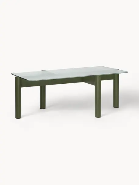 Mesa de centro de madera de haya con tablero de cristal Kob, Tablero: vidrio, Patas: madera de haya maciza, Transparente, verde oliva, An 110 x F 41 cm