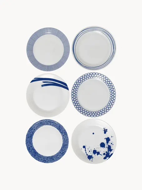 Set di 6 piatti piani in porcellana Pacific Blue, Porcellana, Bianco, blu scuro, Ø 29 cm