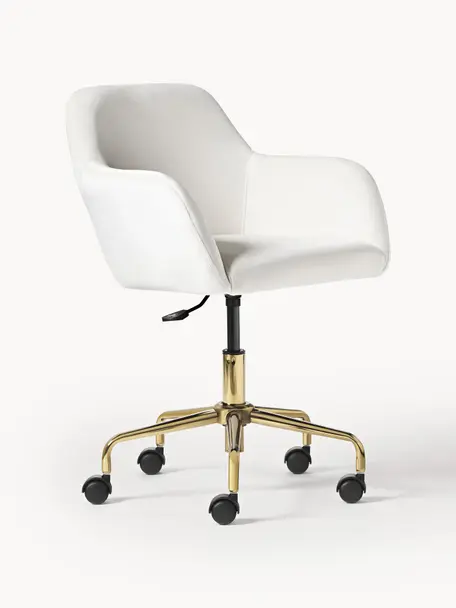 Chaise de bureau en velours Lucie, Velours blanc crème, doré, larg. 57 x prof. 57 cm