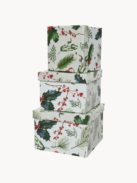 Geschenkboxen-Set Mistletoe, 3-tlg., Papier, Weiss, Grün, Rot, Set mit verschiedenen Grössen