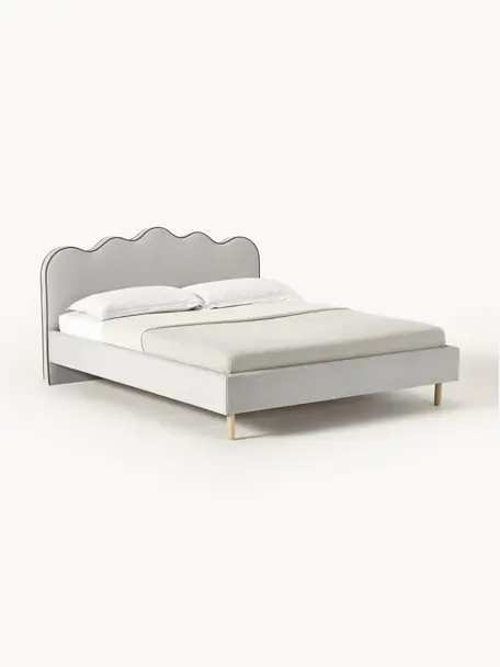Čalúnená posteľ s vlneným čelom Romy, Svetlosivá, dubové drevo, Š 140 x D 200 cm