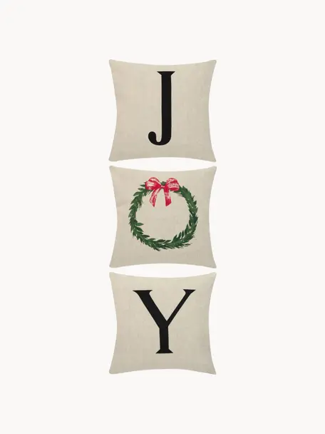 Kussenhoezen Joy met kerstprint, set van 3, Katoen, Lichtbeige, zwart, B 40 x L 40 cm