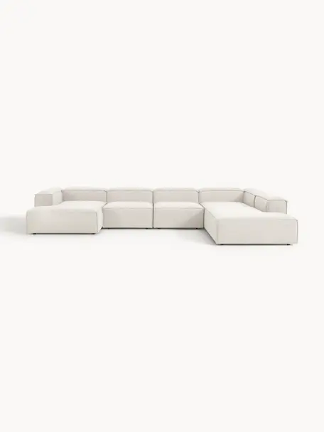 Sofa modułowa Bouclé Lennon, Tapicerka: Bouclé (100% poliester) D, Stelaż: lite drewno sosnowe, skle, Nogi: tworzywo sztuczne Ten pro, Bouclé w odcieniu złamanej bieli, S 418 x G 269 cm, prawostronna