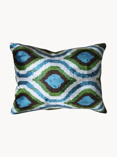 Housse de coussin en velours avec motif abstrait Velvety, Velours de soie (50 % soie, 50 % coton), Bleu, vert, blanc, larg. 40 x long. 60 cm