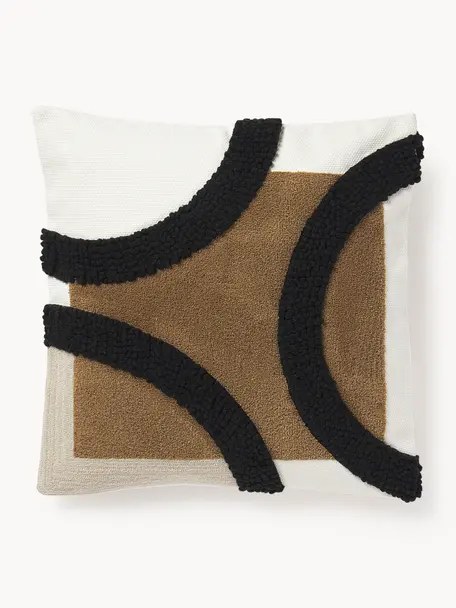 Funda de cojín bordada de algodón texturizada Reza, Exterior: 100% algodón Adorno, Off White, beige, negro, An 45 x L 45 cm