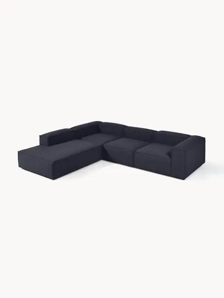 Modulares XL-Ecksofa Lennon, Bezug: 100 % Polyester Der strap, Gestell: Massives Kiefernholz FSC-, Füße: Kunststoff, Webstoff Dunkelblau, B 329 x T 269 cm, Eckteil links
