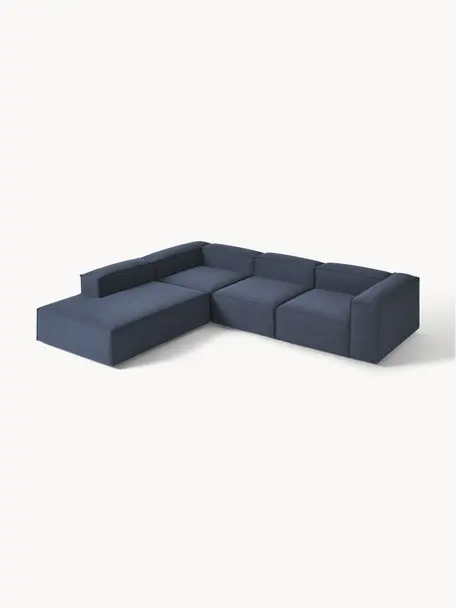 Modulares XL-Ecksofa Lennon, Bezug: 100 % Polyester Der strap, Gestell: Massives Kiefernhol, Sper, Füße: Kunststoff Dieses Produkt, Webstoff Dunkelblau, B 329 x T 269 cm, Eckteil links