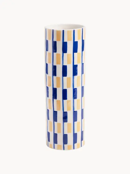 Vase en porcelaine fait main Clash, haut. 24 cm, Porcelaine, Bleu, jaune pâle, blanc cassé, Ø 8 x haut. 24 cm