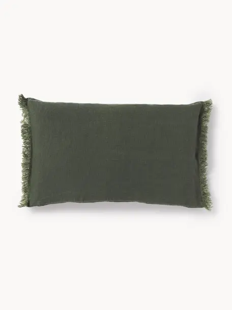 Funda de cojín de lino con flecos Luana, 100% lino 

El lino tiene naturalmente un tacto áspero y un aspecto arrugado natural. La alta resistencia al desgarro hace que el lino sea resistente a la abrasión y duradero., Verde oscuro, An 30 x L 50 cm