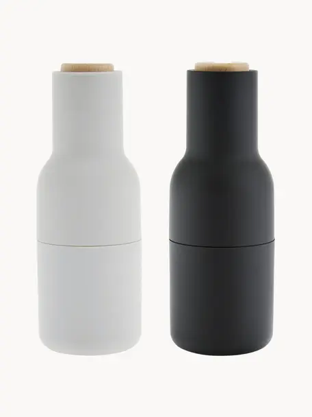 Salero y pimentero de diseño Bottle Grinder, 2 uds., Estructura: plástico, Grinder: cerámica, Gris antracita, blanco, madera, Ø 8 x Al 21 cm