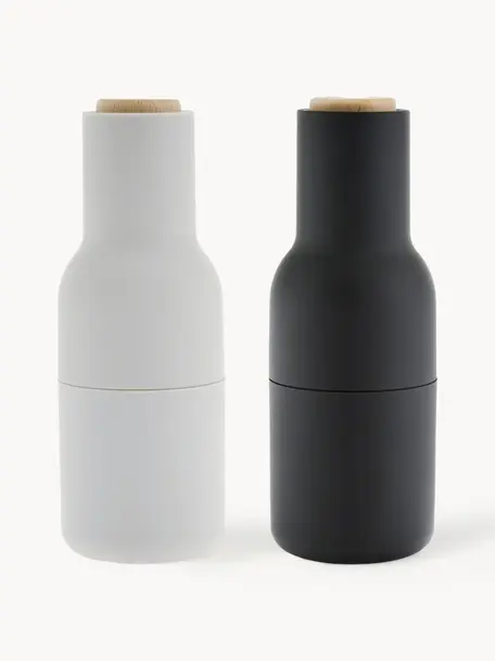 Salero y pimentero de diseño Bottle Grinder, 2 uds., Estructura: plástico, Grinder: cerámica, Gris antracita, blanco, madera, Ø 8 x Al 21 cm