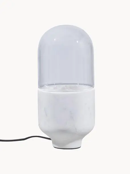Lámpara de mesa pequeña de mármol Asel, Pantalla: vidrio, Cable: cubierto en tela, Transparente, mármol blanco, Ø 11 x Al 26 cm