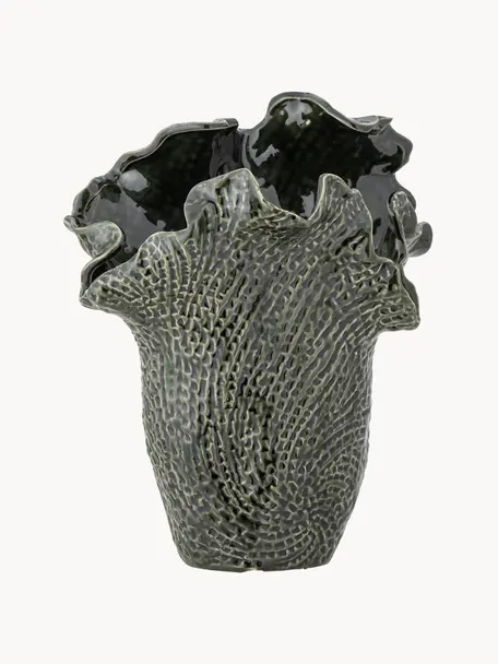 Handgefertigte Steingut-Vase Safiya, H 30 cm, Steingut, Dunkelgrün, Schwarz, B 25 x H 30 cm