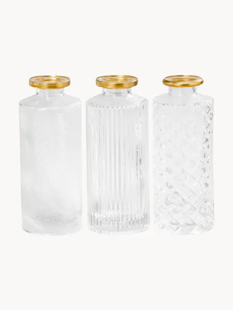 Kleine Vasen Adore, 3er-Set, Transparent, Goldfarben, Ø 5 x H 13 cm