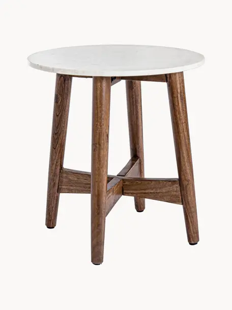 Table d'appoint ronde avec plateau en marbre Sylvester, Blanc marbré, bois d'acacia, Ø 52 x haut. 55 cm