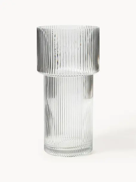 Glazen vaas Lija met geribbeld oppervlak, H 30 cm, Glas, Transparant, Ø 14 x H 30 cm