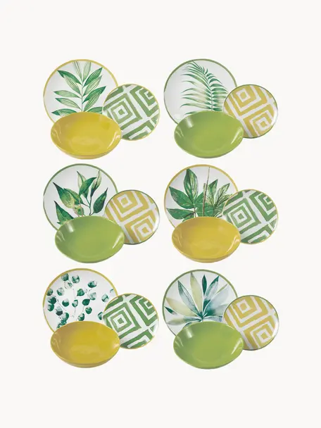 Súprava tanierov Botanique, 6 osôb (18 dielov), Zelená, biela, žltá, Súprava s rôznymi veľkosťami