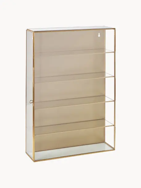 Metalen wandplank Ada met glazen planken en glazen deur, Frame: vermessingd metaal, Goudkleurig, B 35 x H 50 cm