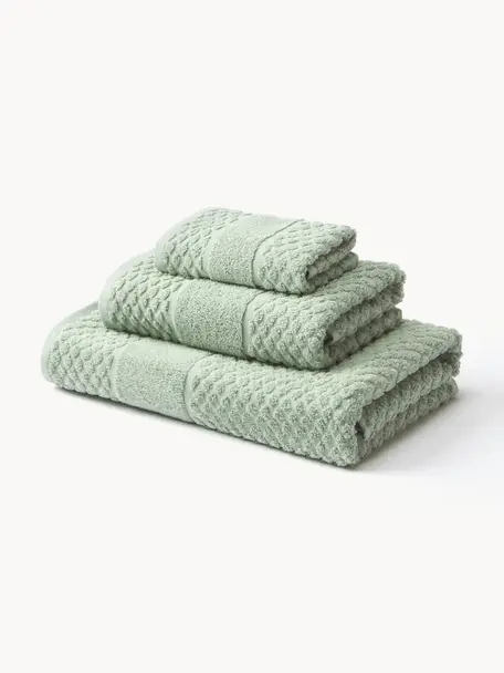 Set de toallas texturizada Katharina, tamaños diferentes, Verde salvia, Set de 3 (toalla tocador, toalla lavabo y toalla ducha)