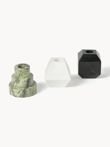 Candelabros de mármol Iseo, 3 uds., Mármol, Mármol verde claro, negro y Off White, Set de diferentes tamaños
