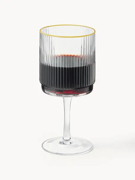 Bicchieri vino fatti a mano con scanalatura in rilievo e bordo oro Minna 4 pz, Vetro soffiato, Trasparente con bordo dorato, Ø 8 x Alt. 17 cm, 300 ml