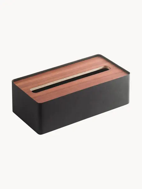 Caja de pañuelos Rin, Tapa: madera, Caja: acero pintado, Negro, marrón oscuro, L 26 x An 13 cm